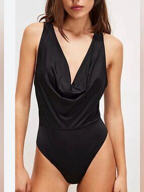 Free People Black Bodysuit Cowl Neck Thong Bottom Small NWT